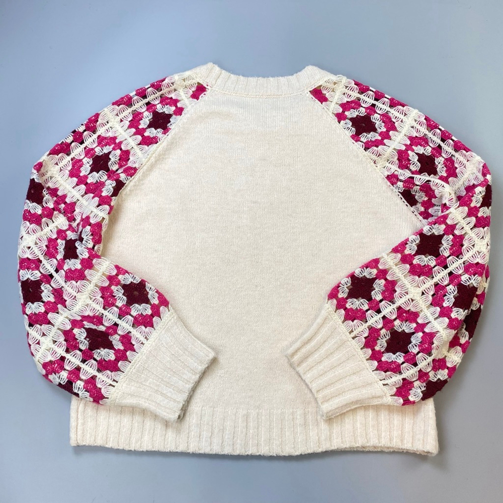 Crochet Sweater Womens Small Cream Pink Granny Square Grandmacore Boho Cottage - Picture 2 of 13